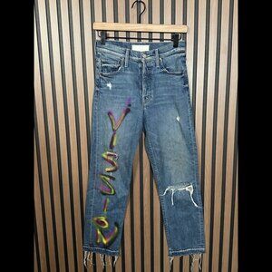 Mother Jeans 25 Tomcat Undone Hem Blue Spray Painted High Rise Frayed *CUSTOM*